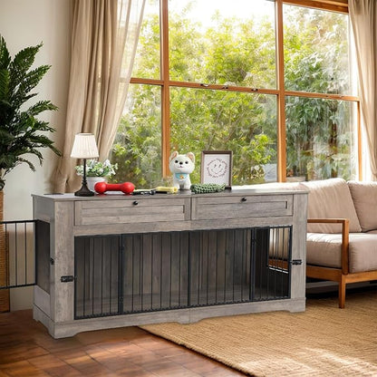 Large Dog Crate Furniture-Decorative Heavy Duty Dog Cage Indoor, Wooden Dog Cage End Table with Charging Station, Dog House with 2 Drawers (Gray, 70.86''L)
