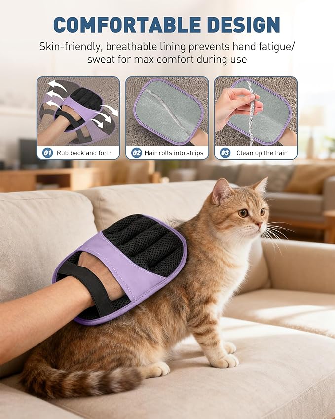 Magic Brush Glove Pet Hair - 2 Pack Electrostatic Grooming Removal Gloves for Dogs and Cats, The Magic Brush Pure Path Yomi Pet Grooming Needs, Fur Remover for Furniture, Clothes (Purple)