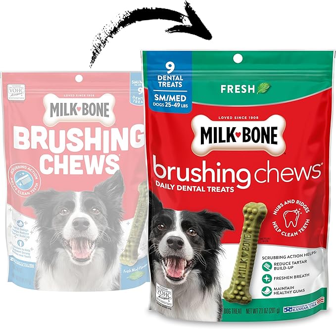 Milk-Bone Brushing Chews Original Chicken Flavor Daily Dental Dog Treats, Small/Medium, 7.1 Oz. Bag (Pack of 5) Dog Treats, Fresh Breath, Small/Medium, 7.1 Oz. Bags, 9 Bones Per Bag (Pack of 5)