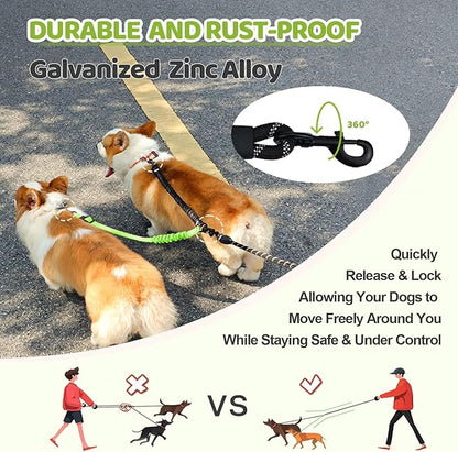 Double Dog Leash - 360°Swivel Tangle Free Splitter Attachment, 2 Dogs Multi-Functional Leashes, Dual Rope for Outdoor Walk Train Small Medium Large Two Pet, Green