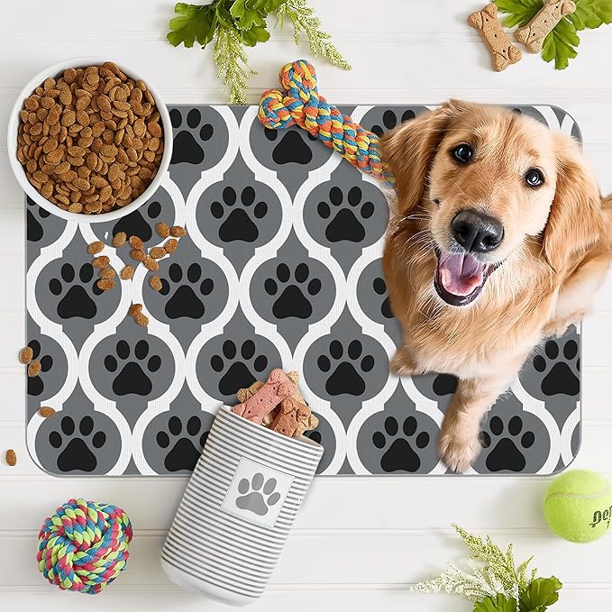Gray Paw Print Geometric Dog Cat Food Mat,Absorbent Pet Feeding Mat for Food and Water,Non-Slip Dog Bowl Mats Floor Protector 16"x24"