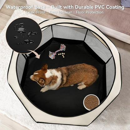 Dog Playpen for Small Dogs & Puppies, 40.55" Portable Indoor Outdoor Puppy Playpen with Bowl, Waterproof Floor, Foldable Pop-Up Pet Pen for Home, Travel & Daily Use, Grey+Beige