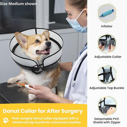 Inflatable Dog Cone Collar w/Pump - Medium Dog Donut Collar After Surgery - Washable Dog Collar w/Removable Soft Cone for Dogs After Surgery- Dog Cone Alternative After Surgery w/Soft Cover