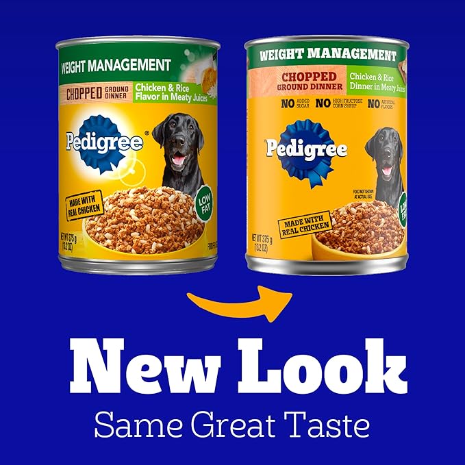 Pedigree Chopped Ground Dinner Weight Management Wet Dog Food, Canned Dog Food Chicken & Rice Dinner in Meaty Juices, 13.2 oz. Cans (12 Count, Pack of 1)