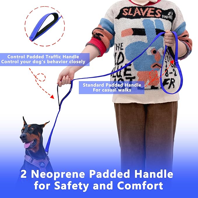 Dog Leash 6.5ft Long, Double Handle Dog Leash for Safety Control Training, Heavy Duty Dog Leads with Traffic Padded Handles, Reflective Leashes for Small Medium Large Dogs(6.5ft, Navy Blue)