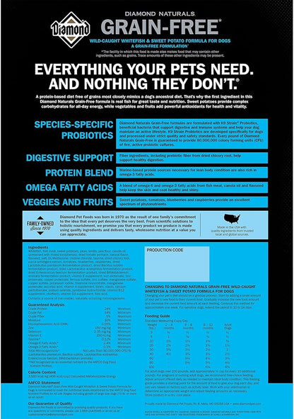 Diamond Naturals Grain-Free Recipe All Life Stages High Quality Protein Dry Dog Food with Premium Wild-Caught Whitefish and Sweet Potato with Taurine, and Omega Fatty Acids, in all Breed Sizes 28lb