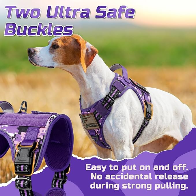rabbitgoo Tactical Dog Harness for Large Dogs, No Pull Military Service Vest with Handle & Molle, Easy Control for Training Walking, Adjustable Reflective Straps, Purple Camo, L