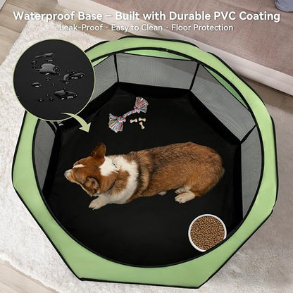 Dog Playpen for Small Dogs & Puppies, 50.39" Portable Indoor Outdoor Puppy Playpen with Bowl, Waterproof Floor, Foldable Pop-Up Pet Pen for Home, Travel & Daily Use, Green+Black