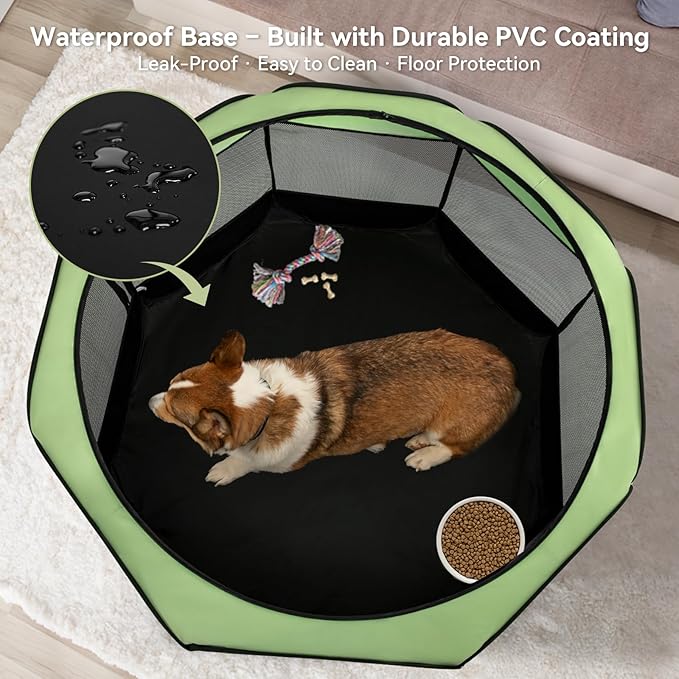 Dog Playpen for Small Dogs & Puppies, 29.92" Portable Indoor Outdoor Puppy Playpen with Bowl, Waterproof Floor, Foldable Pop-Up Pet Pen for Home, Travel & Daily Use, Green+Black