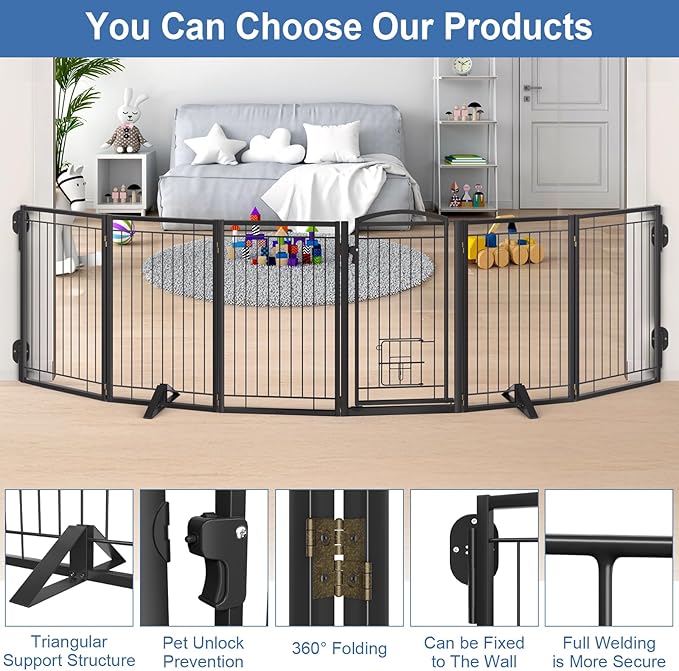 Metal Free Standing Dog Gate with Cat Door for Indoor/Outdoor,120" Extra Wide Foldable Pet Gate,32" Tall Foldable Indoor Dog Fence for Large Openings Stairs,Deck,Yard,Doorways(6 Panels,Black)