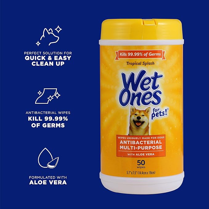 Wet Ones for Pets Antibacterial Dog Wipes, Multi-Purpose Grooming Wipes with Aloe Vera for Paws, Face & Body, Easy Cleanups Between Baths, Tropical Splash Scent, 5.7 in x 7.5 in, 50 Count - 3 Pack