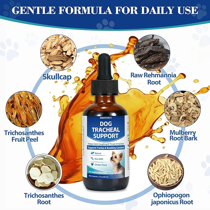 Dogs Tracheal Collapse, 2 FL OZ Trachea Cough Elixir, Natural Herbal Support Drops Helps Reduce Dry Honking Cough, Wheezing & Throat Irritation, Promotes Respiratory Comfort (Chicken Flavor)