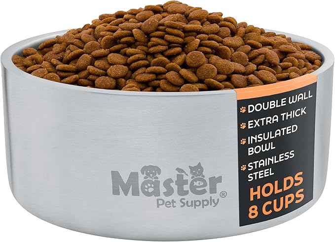 Master Pet Supply Stainless Steel Dog Bowls - 64 oz, Heavy Duty - Stainless Steel, Double Wall Extra-Thick Insulated, Non-Slip Pet Water Bowl for Dogs, Cats & Pets, Anti Rust Metal, Dish Washer Safe