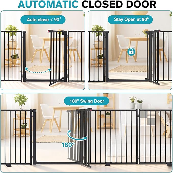 Snagle Paw Extra Wide Dog Gate,Free Standing Dog Fence with Door, Up to 208 Inch Wide Pet Gate with Support Feet for Stairs, Hallways, Doorways, Yard (Black, 8 Panels)