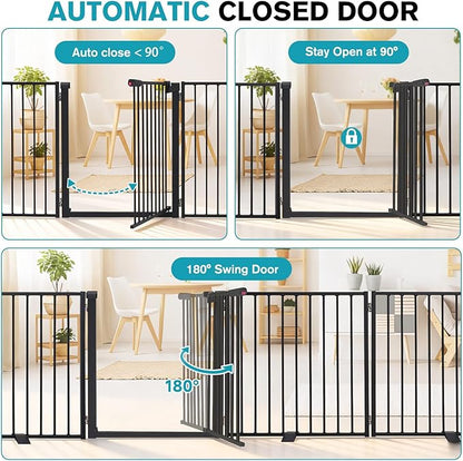 Snagle Paw Extra Wide Dog Gate,Free Standing Dog Fence with Door, Up to 208 Inch Wide Pet Gate with Support Feet for Stairs, Hallways, Doorways, Yard (Black, 8 Panels)