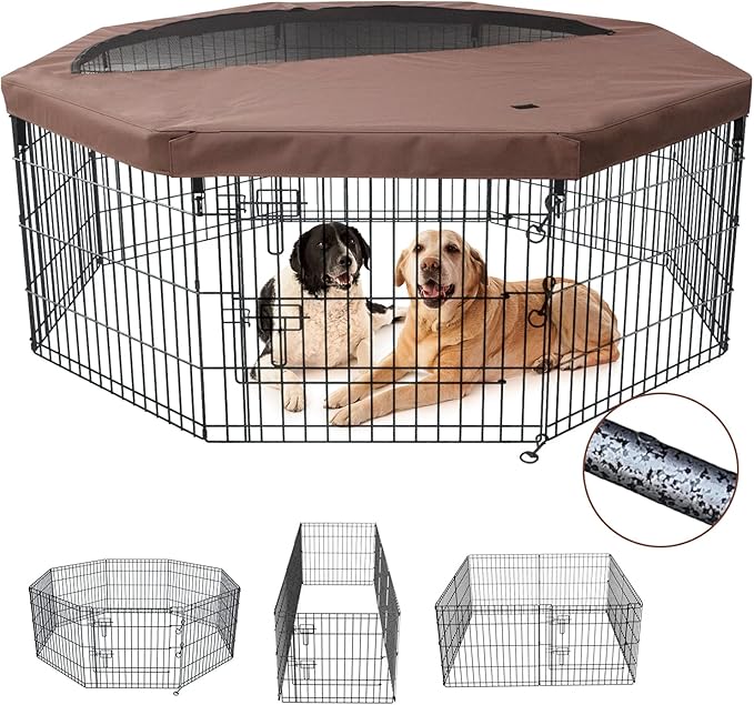 NEZUC Foldable Metal Dog Exercise Playpen Gate Fence Dog Crate 8 Panels 24 Inch Height Puppy Kennels with Top Cover/Bottom Pad for Animals Outdoor Indoor (Playpen+Top Cover, Brown, 36" H)