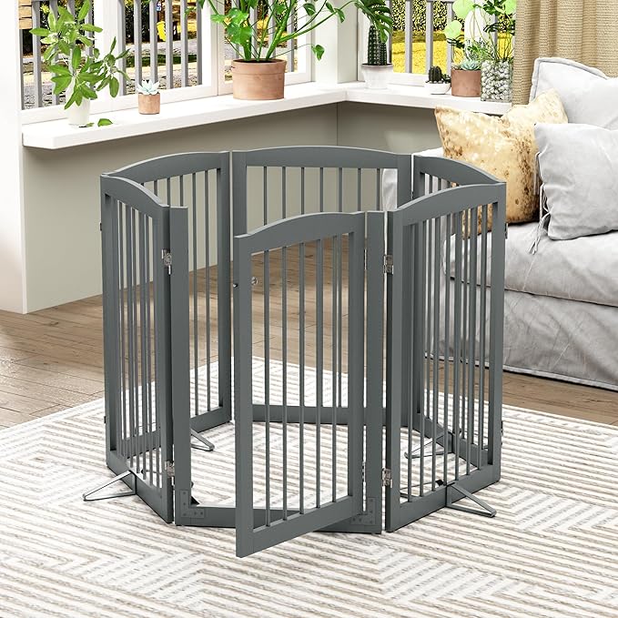 PUPETPO Freestanding Pet Gate with Door, Tall Dog Gate for House, Extra Wide, Pet Puppy Safety Fence, Support Feet Included, 120 Inch Wide, 6 Panels 32" Tall, Gray