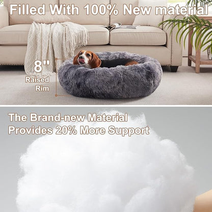 33 inches Donut Dog Bed for Medium Dogs,Calming Fluffy Round Pet Bed with Removable & Washable Cover,Fits up to 65 lbs Pets(Tie-dye Grey,M Plus)