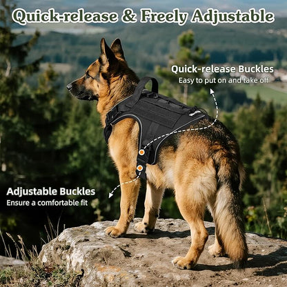 VavoPaw Heavy Duty Tactical Dog Harness for Large Dogs, No Pull Adjustable Pet Harness Reflective Service Training Easy Control Pet Vest Military K9 Working Dog Harnesses, Black, M