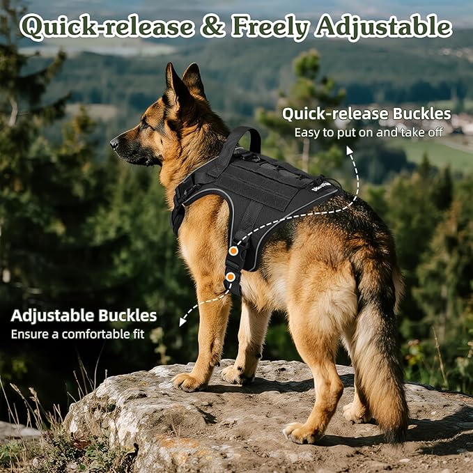 VavoPaw Heavy Duty Tactical Dog Harness for Large Dogs, No Pull Adjustable Pet Harness Reflective Service Training Easy Control Pet Vest Military K9 Working Dog Harnesses, Black, L