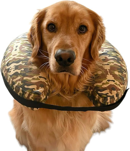 Comfy-K9 Camo Cone - Inflatable Dog Cone with Soft Camouflage Design, Adjustable Blow Up Donut, Machine Washable, Large Size Collar for Comfortable & Stylish Pet Recovery