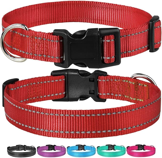 Reflective Dog Collar with Buckle Adjustable Safety Nylon Collars for Small Medium Large Dogs, Red XXS