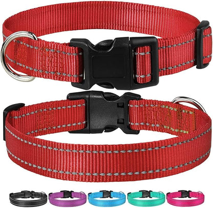 Reflective Dog Collar with Buckle Adjustable Safety Nylon Collars for Small Medium Large Dogs, Red L