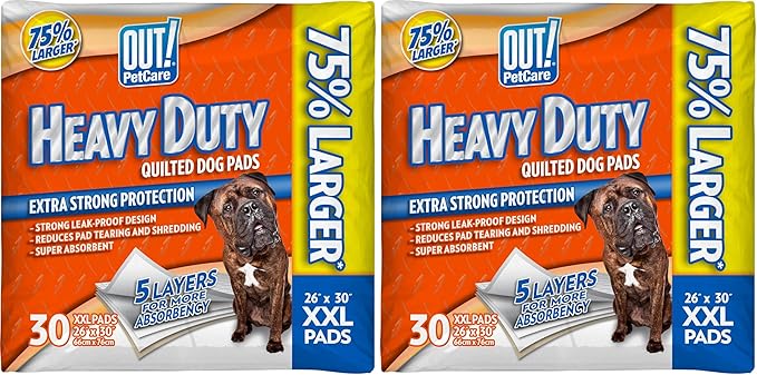 OUT! Heavy Duty XXL Dog Pads - Absorbent Pet Training and Puppy Pads - 26 x 30 in - 30 Count,White (Pack of 2)
