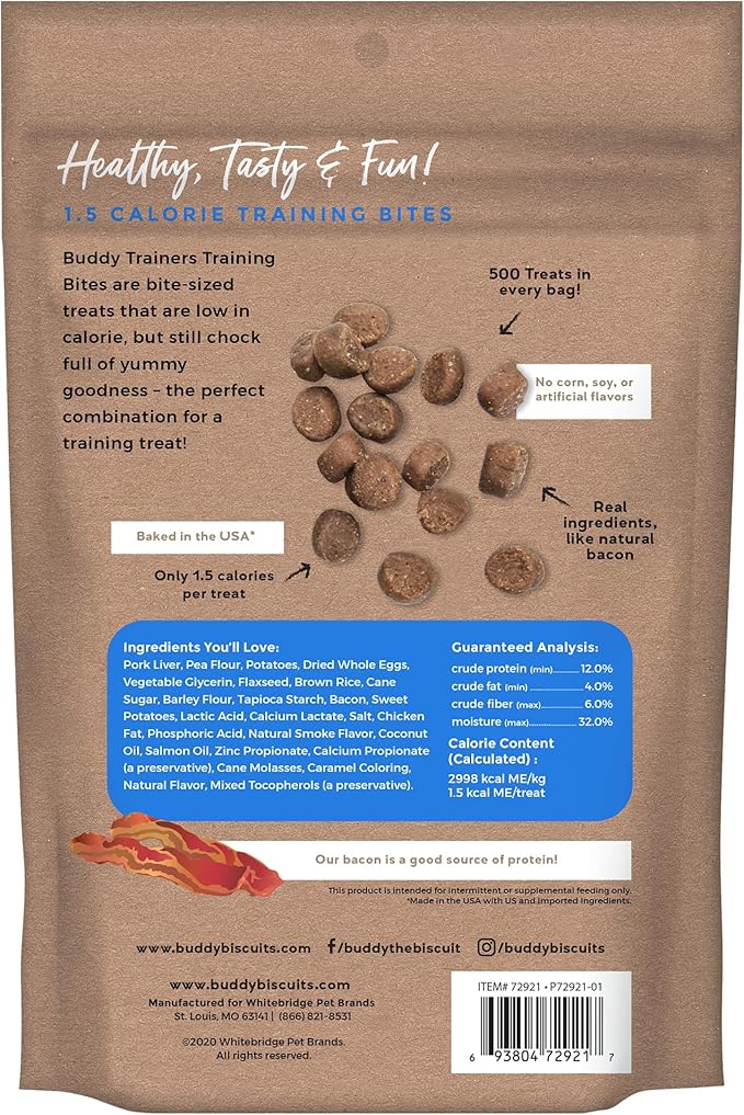 Buddy Biscuits Trainers 10 oz. Pouch of Training Bites Soft & Chewy Dog Treats Made with Bacon Flavor (Pack of 2)