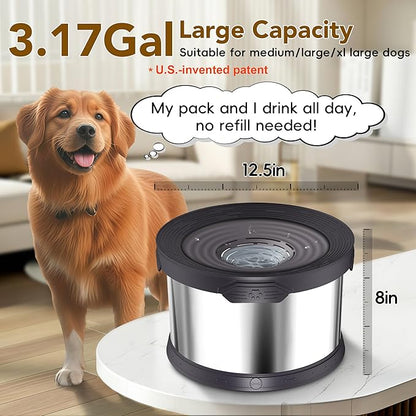 UPSKY Dog Water Bowl No Spill 12L Stainless Steel, 3.17 Gallon Large Capacity Spill-Proof Dog Bowls, Non-Slip Slow Drinking Anti-Splash Bowl for Large Messy Drinkers, No Mess Indoor/Outdoor Use, Black