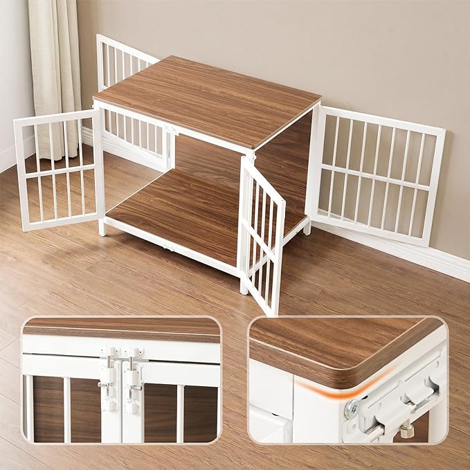 HOOBRO Heavy Duty Dog Crate Furniture, 31.5" Wooden Indoor Kennel with 3 Doors, Chew Resistant Metal Cage for Small and Medium Breeds, Dog Crate Side Table, White and Walnut