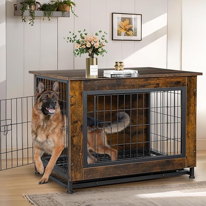 JY QAQA Dog Crate Furniture, Wooden Dog Crate Table, Dog's Furniture with Double-Doors, Indoor Dog Kennel, Dog Cage/Brown/XL