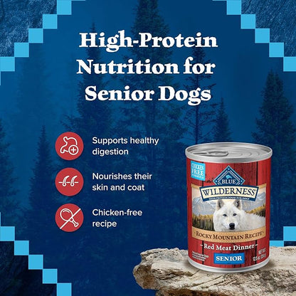 Blue Buffalo Wilderness Rocky Mountain Recipe Senior Wet Dog Food,High-Protein & Grain-Free,Made with Natural Ingredients,Red Meat Recipe,12.5-oz. Cans,(Pack of 24)