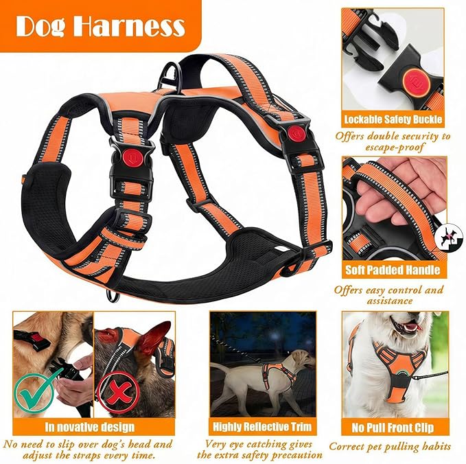 No Pull Dog Harness, Collar & Leash Set | Includes Dog Seat Belt, Collapsible Bowls & Poop Bag Dispenser. Ideal for Training, Walking, Hiking. Fits Small to Large Dogs(Orange-XL)