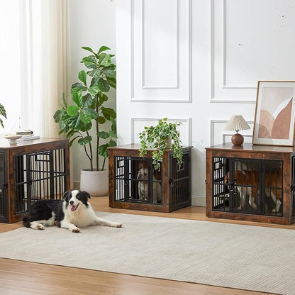 38 Inch Heavy Duty Dog Crate Furniture for Medium Dogs, Decorative Pet House End Table with 3 Doors & Adjustable Bowls, Wooden Cage Kennel Furniture Indoor, Rustic Brown