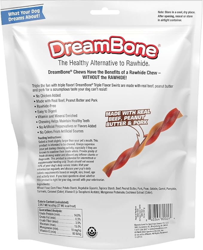 DreamBone Triple Flavor Swirlz No Chicken Added for Dogs, 25 Count, Treat Your Dog to Easy-to-Digest Rawhide-Free Chews Made with Real Beef, Peanut Butter and Pork