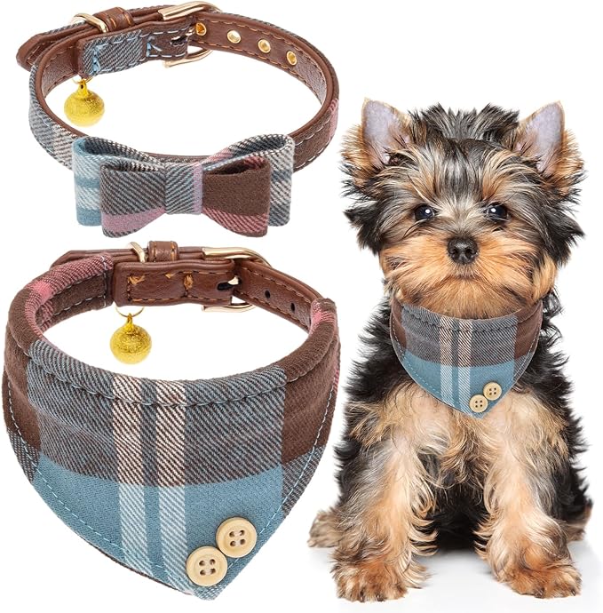 EXPAWLORER Dog Collar Bandana Set - Classic Plaid Dog Bow Tie and Bandana Collar with PU Leather, Adjustable Collars for Small Medium Large Dogs Cats, Holiday Ideal Gift, Blue XS