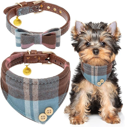 EXPAWLORER Dog Collar Bandana Set - Classic Plaid Dog Bow Tie and Bandana Collar with PU Leather, Adjustable Collars for Small Medium Large Dogs Cats, Holiday Ideal Gift, Blue XS