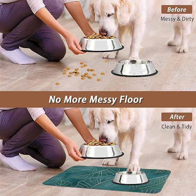 Tropical Palm Leaves Dog Food Mat for Floors,Absorbent Quick-Dry Pet Feeding Mat,Cat Dog Bowl Mats for Food and Water,Non-Slip Pet Accessories Supplies 12"x20"