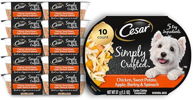 Cesar Simply Crafted Adult Wet Dog Food Toppers for Dry Food, Chicken, Sweet Potato, Apple, Barley & Spinach, 1.3 oz., 10 Count