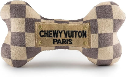 Haute Diggity Dog Chewy Vuiton Bone Plush Squeaky Dog Toy, Soft Durable Designer-Inspired Stuffed Puppy Chew Toys for Small & Medium Dogs, Machine-Washable (Tan Checker) Large