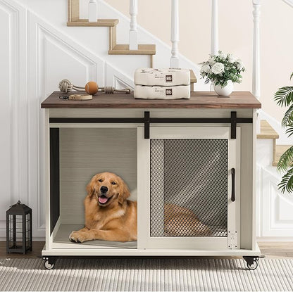 TROPOW Dog Crate Furniture,37 Inch Dog Kennel Furniture, Sliding Barn Door, Flip Top Dog Crate End Table with Removable Divider, Farmhouse Dog Cage for Small to Middle Size Dogs