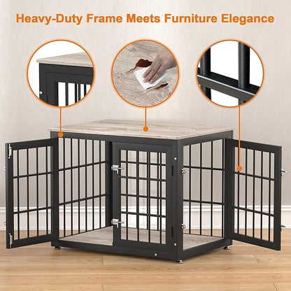 rehomerance 32 Inch Heavy Duty Dog Crate Furniture for Medium and Small Dogs, Decorative Pet House End Table, Wooden Cage Kennel Furniture Indoor, Grey