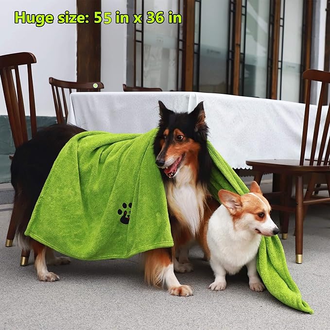 Dogvingpk Extra Large Dog Towel - Pack of 2 - Super Absorbent Soft Microfiber Pet Bath Grooming Towels for Drying Dogs and Other Pets (XL-55" * 36", Green and Gery)