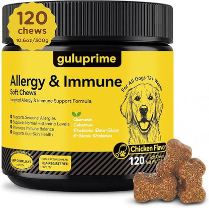 Dog Allergy Relief Chews – Daily Allergy & Immune Support with Quercetin, Colostrum & Probiotics, Helps Maintain Normal Histamine Response, Supports Skin & Coat Comfort, Gut Health, 120ct