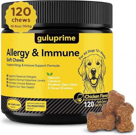 Dog Allergy Relief Chews – Daily Allergy & Immune Support with Quercetin, Colostrum & Probiotics, Helps Maintain Normal Histamine Response, Supports Skin & Coat Comfort, Gut Health, 120ct