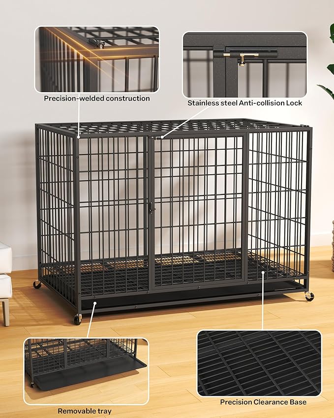 HIWOKK 48 Inch Large Dog Crate, Escape Proof Dog Cage with Dual Door Lock and Swivel Casters,Removable Tray for Easy Cleaning, Dog Kennel Indoor Outdoor Use