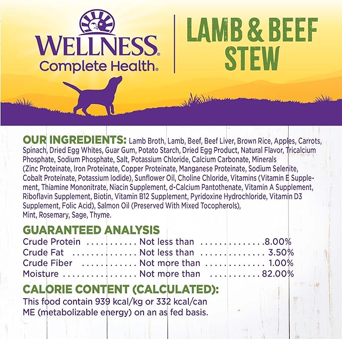 Wellness Complete Health Stew Adult Canned Wet Dog Food, Grain Free, Natural, Lamb and Beef Recipe, 12.5 oz, Pack of 12 Cans