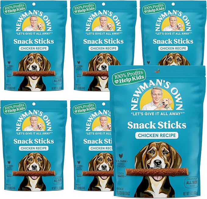Newman's Own Chicken Recipe Dog Snack Sticks, 5 oz Bag (Pack of 8) — Soft Chewy Meat Sticks, US Farm-Raised Chicken, No Corn Wheat or Soy, Wholesome Training Rewards, Made in USA
