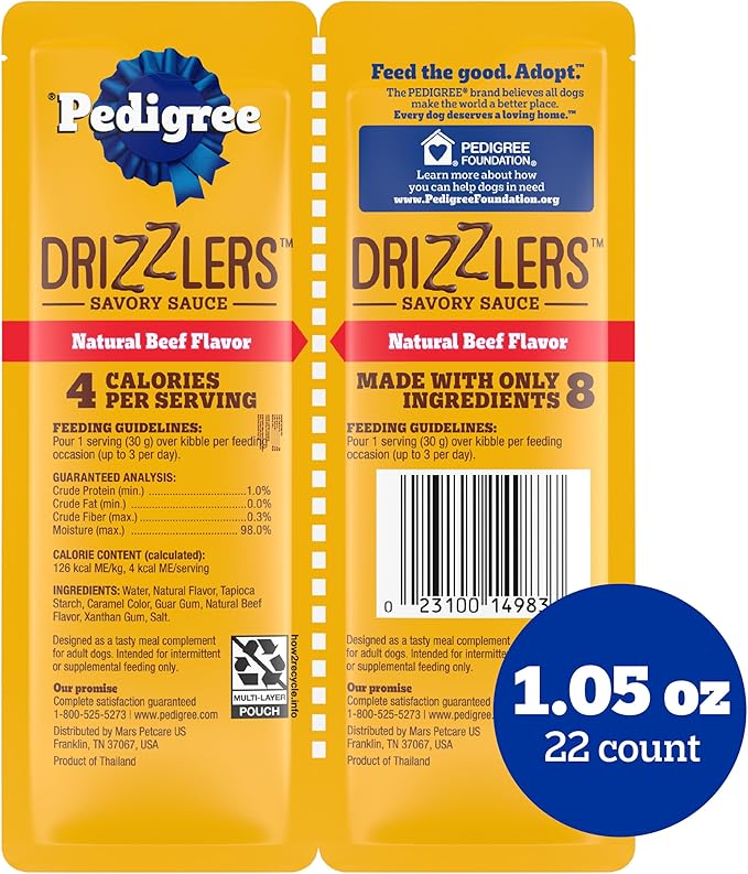 Pedigree Drizzlers for Dogs, Wet Dog Food Gravy Savory Sauce, Natural Beef Flavor, 60g Dual-Serving Pouch (22 Count, 44 Servings Total)